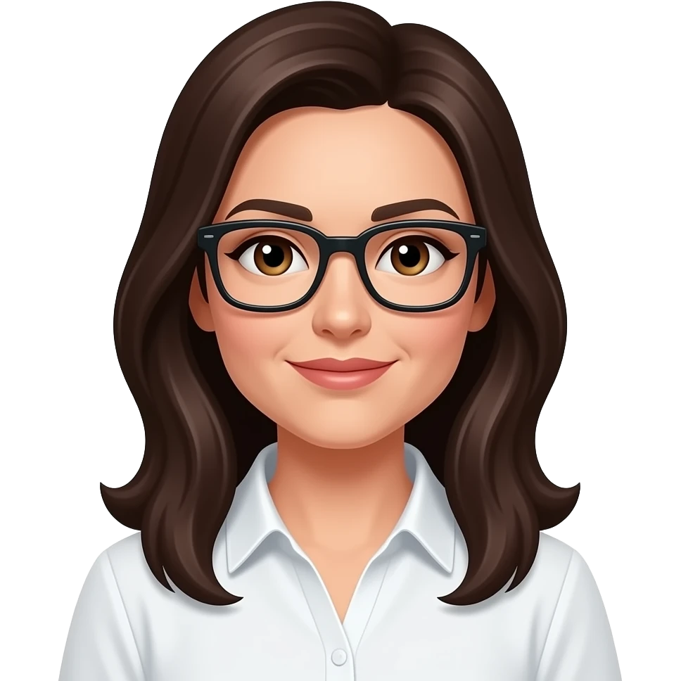 42 year old woman with hazel eyes and dark brown long hair with black rectangle glasses with a white shirt emoji