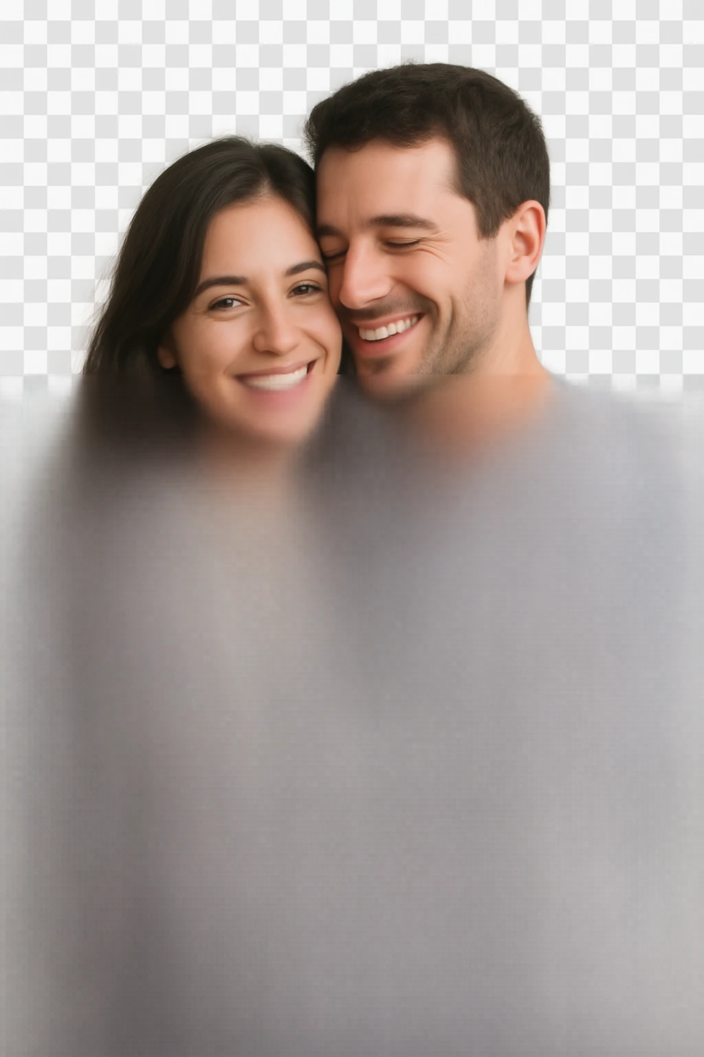 a beautiful brunette woman hugging a man, warm and affectionate, both smiling, close embrace, natural style, no background emoji