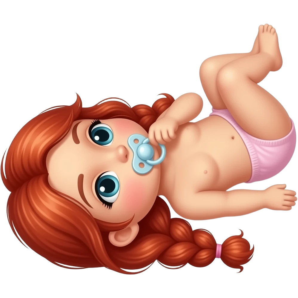 Red-headed girl laying on back and wearing a pink diaper sucking on pacifier emoji