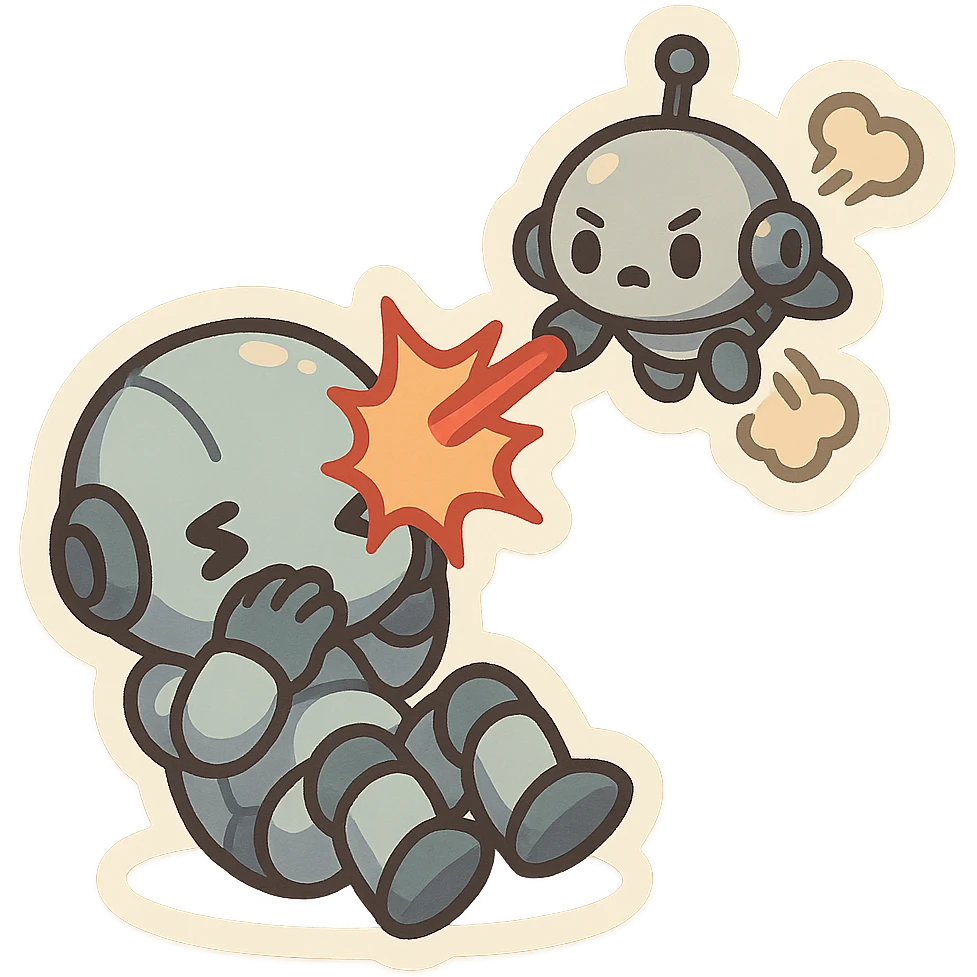 robot being hit with a red beam by a flying robot emoji