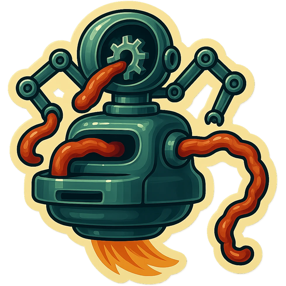 hovering robot. stuffs material into large hole on its top where a head would be. no head. spinning gears and blades in hole grind material.  3/4 view. between realism and cartoon. well lit. no dramatic lighting. metallic shiny robot. works diligently. drake humor emoji