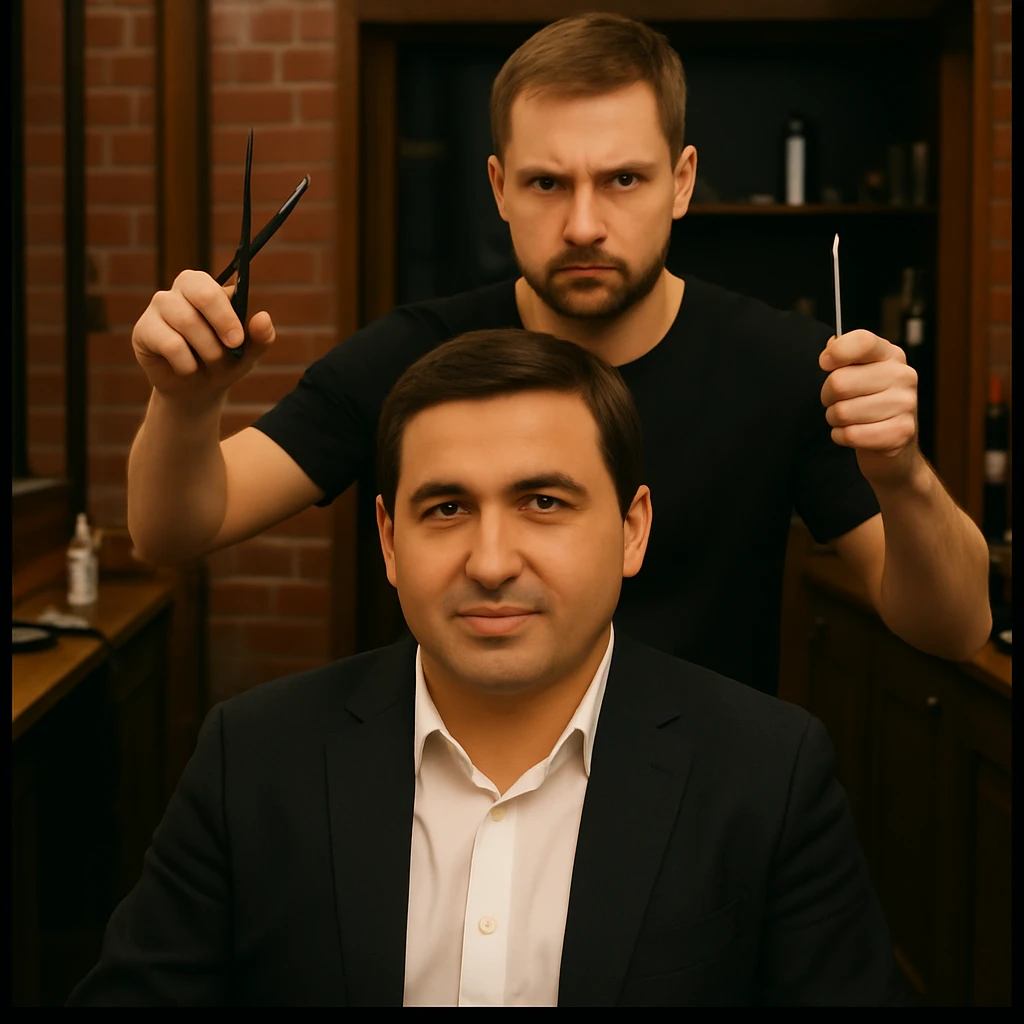 endi esa birinchi rasmdagi odamni yuzini sartaroshni yuziga qilib ber emoji