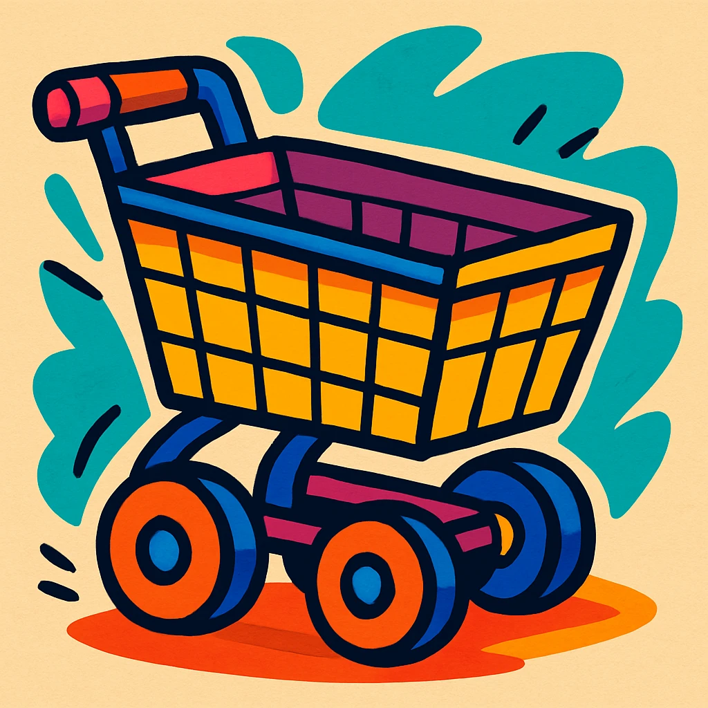 shopping cart in cartoon style, exaggerated wheels and colors, colorful and dynamic emoji