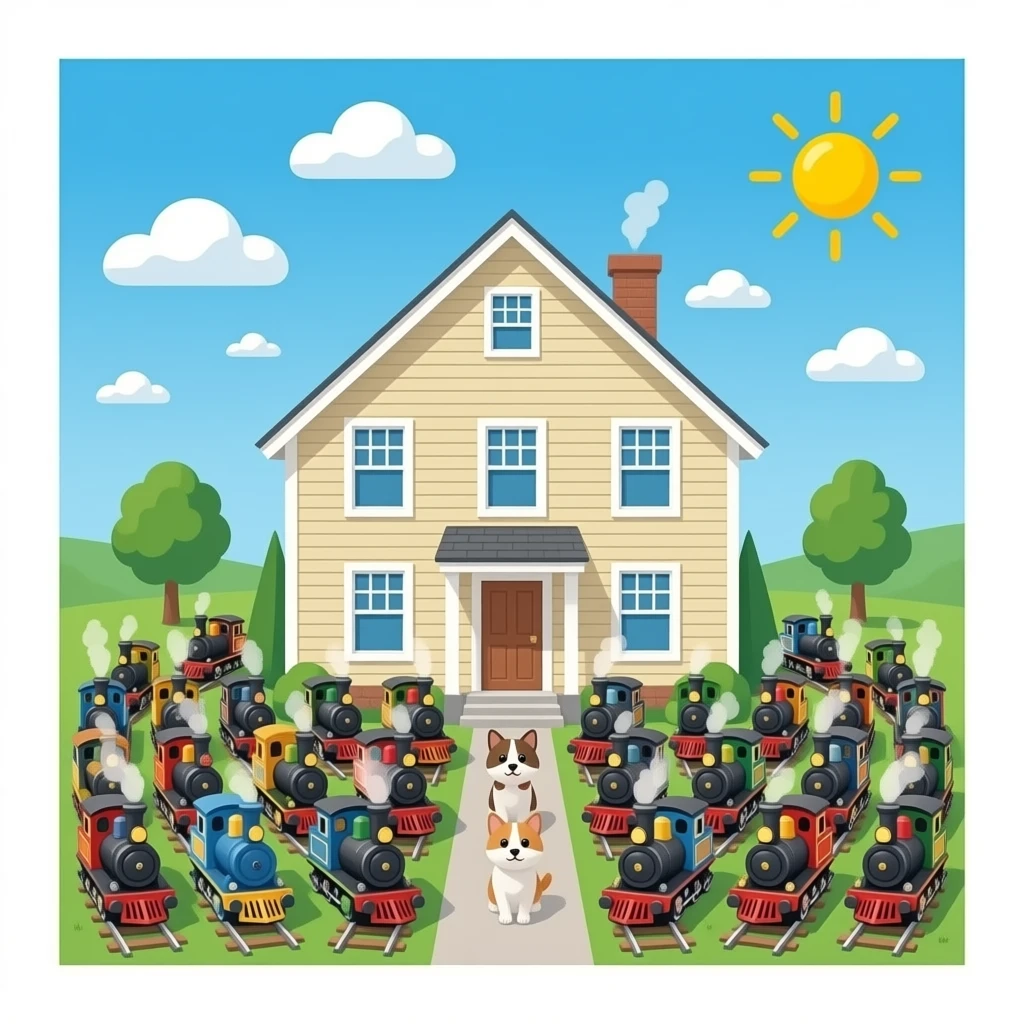 10000 steam locomotives as pets on a outside of a house and a blue sky clouds and a sun emoji