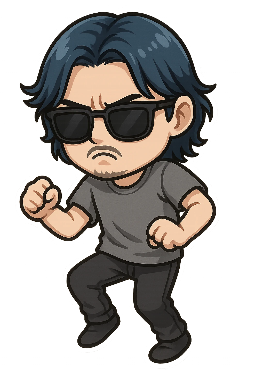 a dark brooding hipster with electric dark blue hair, surfer middle part, chin length hair, black classic rayban shades, plain gray t-shirt, doing the gimmie dance, maniac dance, 1980's dance emoji