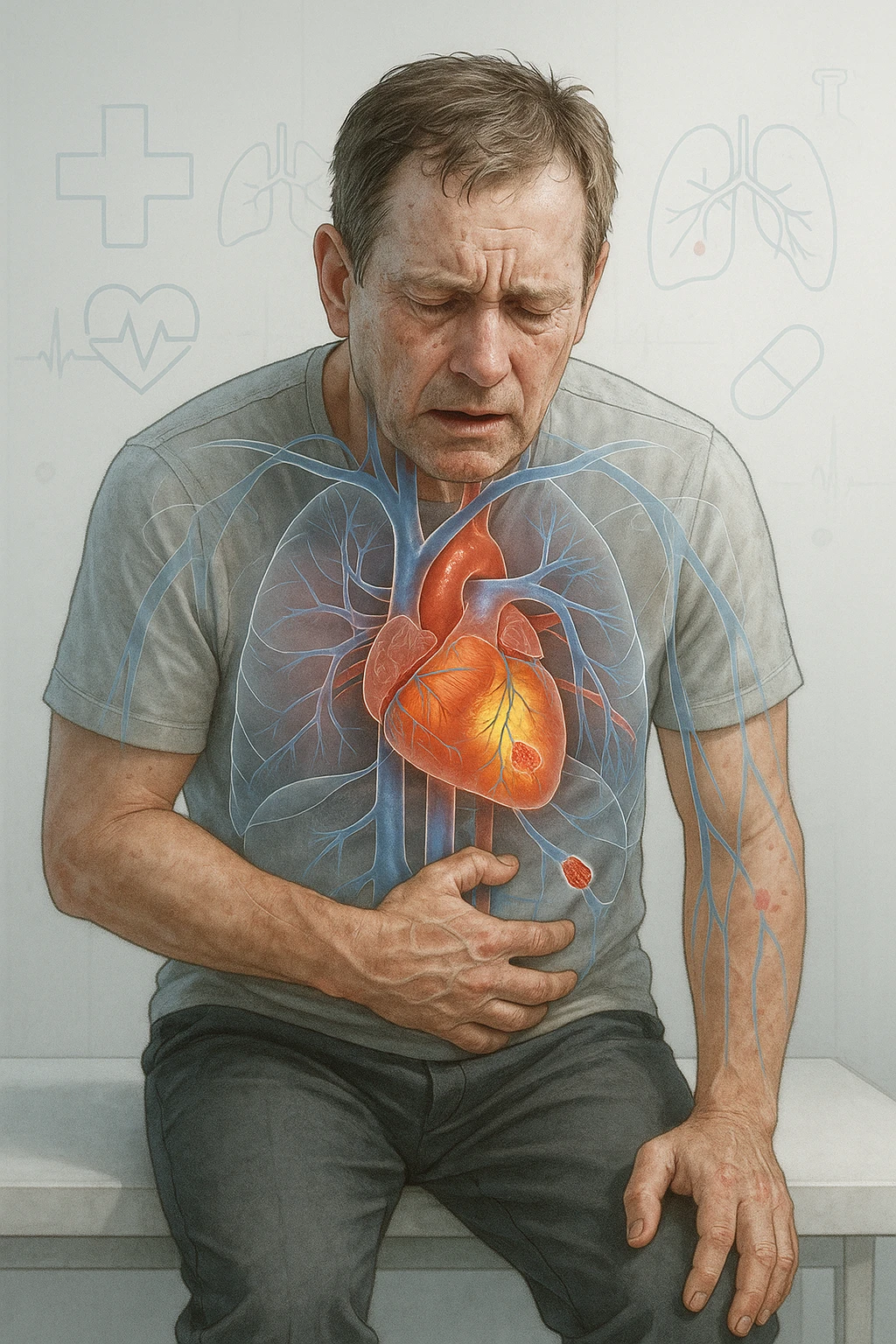 a middle-aged man sits on a bench, clutching his chest with a pained expression. His face is pale and sweaty, and his posture is hunched forward. A transparent overlay reveals his heart and major blood vessels, with highlighted areas indicating blockages or damage. The background is clean and clinical, with subtle medical icons. emoji