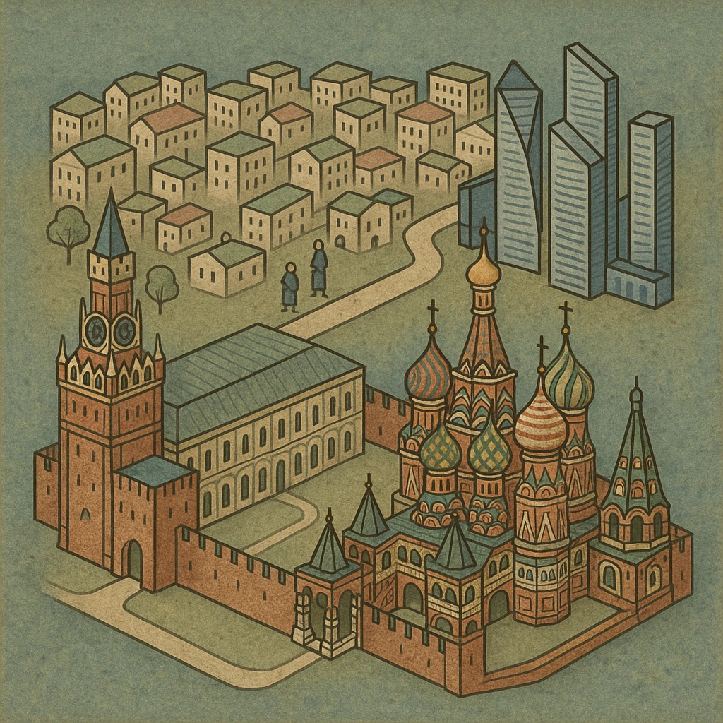 Изометричная миниатюрная 3D модель Москвы - Кремль, собор Василия Блаженного, Сити,  аккуратная детализация, яркие цвета мультяшный реализм, компактная композиция,  вид сверху в изометрии emoji