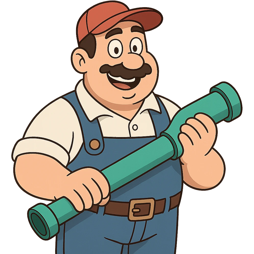 plumber holding a turquoise pipe, bold and friendly emoji