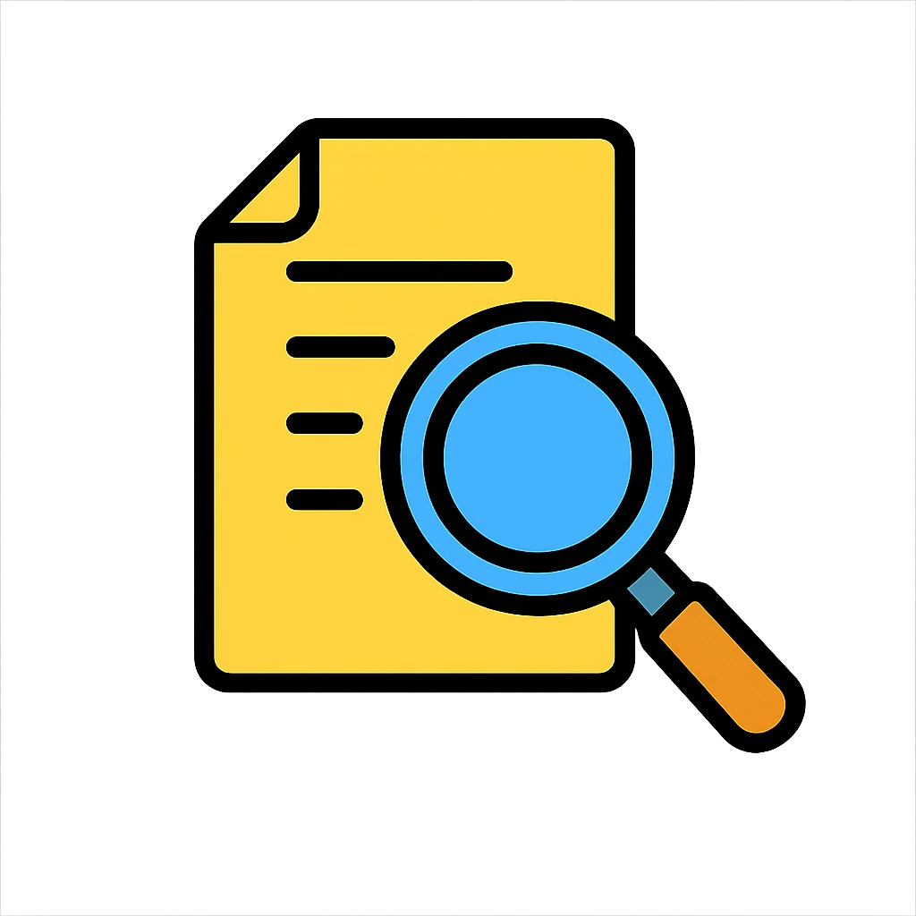 A magnifying glass over papers, representing document search, colorful outlined icon style emoji