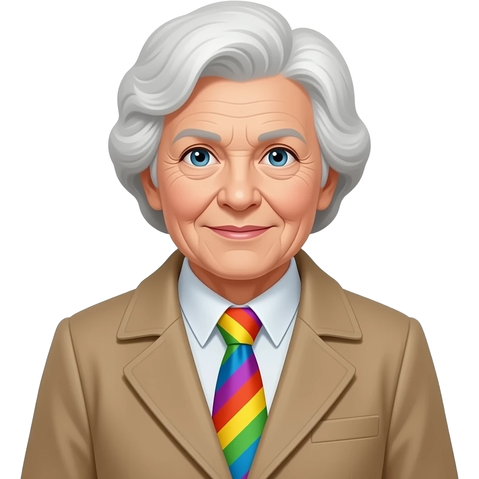 old lady with coat and tie change into multi color tie emoji