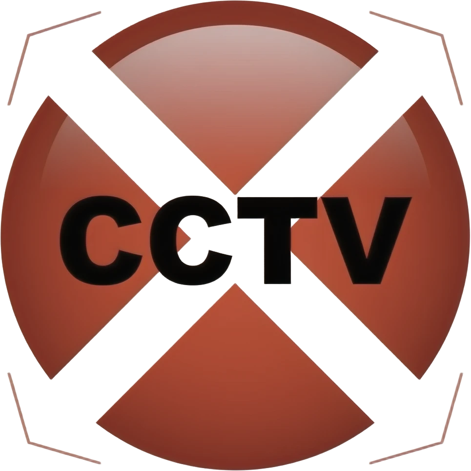 Red filled circle with white X and arrow on all end points on the X white circle in the middle. Big bold CCTV word in the centre in black emoji