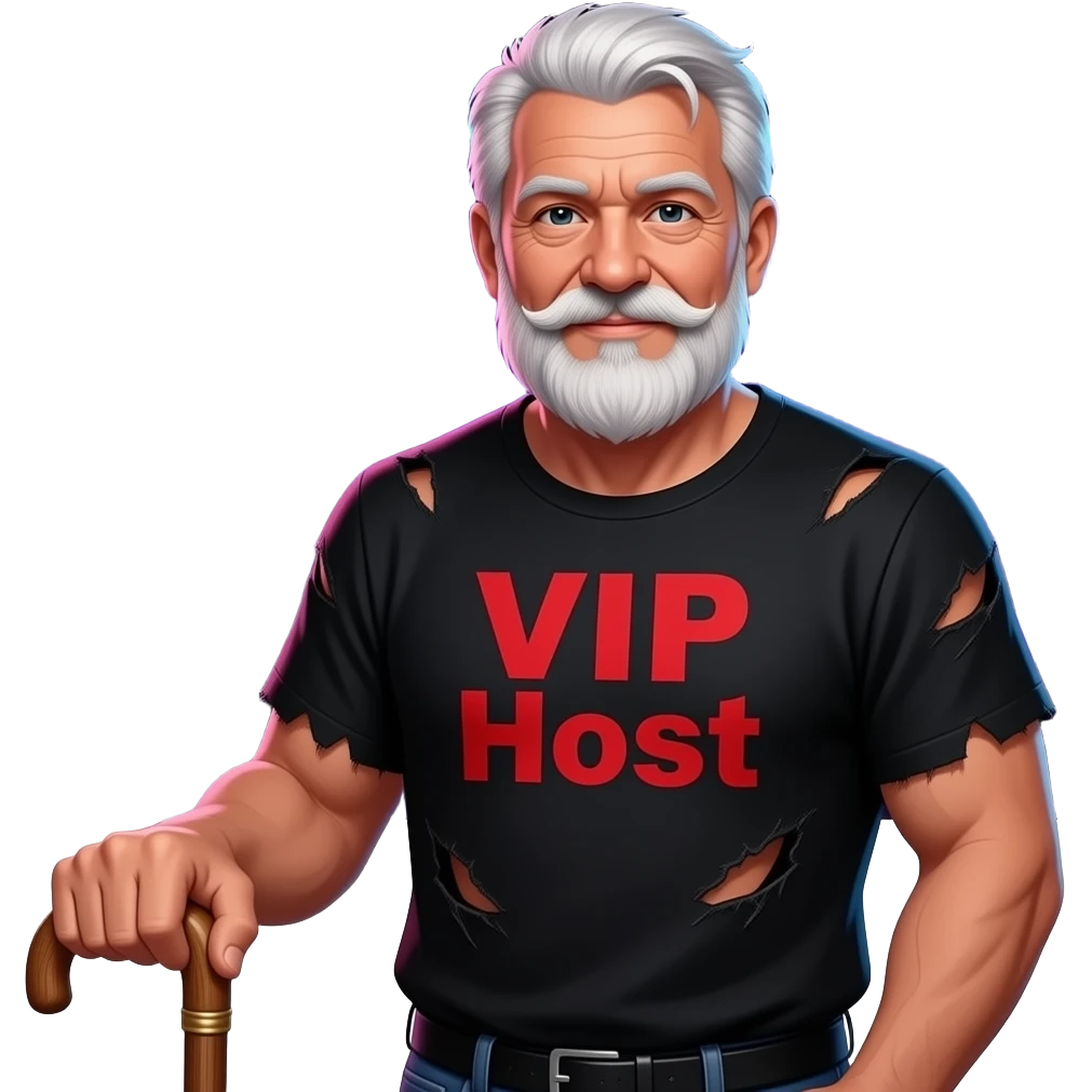 old elderly man with cane at stripclub with shirt that says vip host emoji