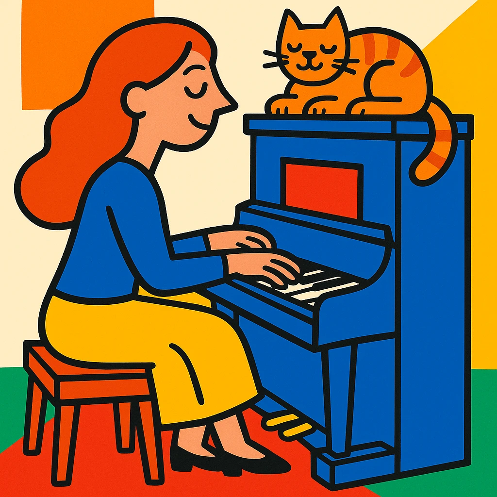 woman playing piano while her cat sits on top of the piano emoji