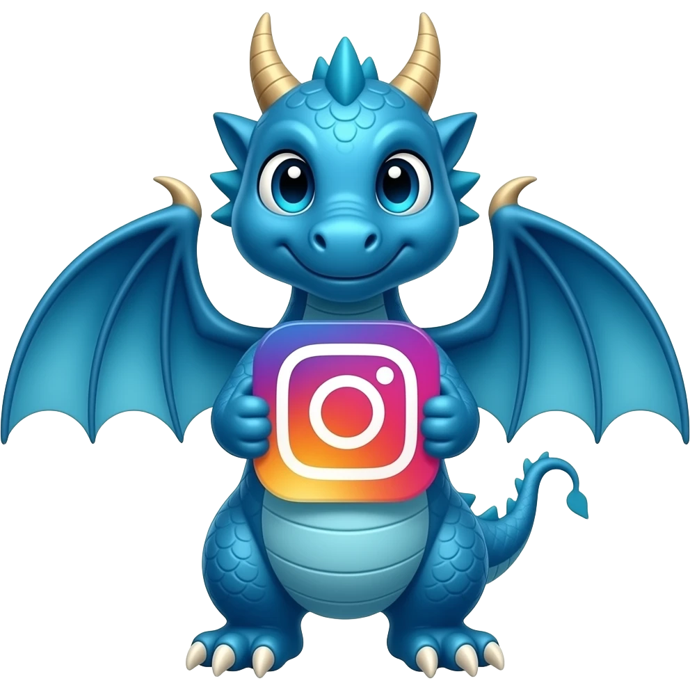Blue dragon front looking  holding instagram logo emoji
