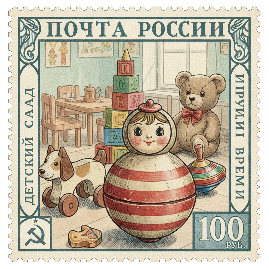 Сделай марку на которой изображены игрушки детского сада, на первом плане - неваляшка 1920-х годов

Стиль марки такой же, как на прикрепленном фото emoji
