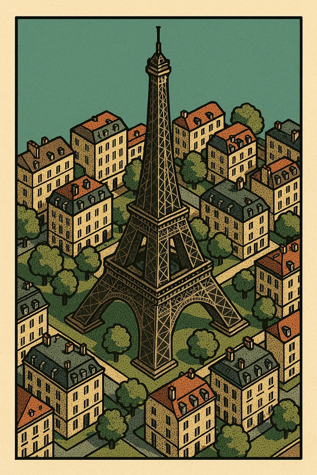 Isometric illustration of Paris, featuring the photorealistic Eiffel Tower surrounded by small Parisian buildings and trees, highly detailed in semi-realistic style emoji