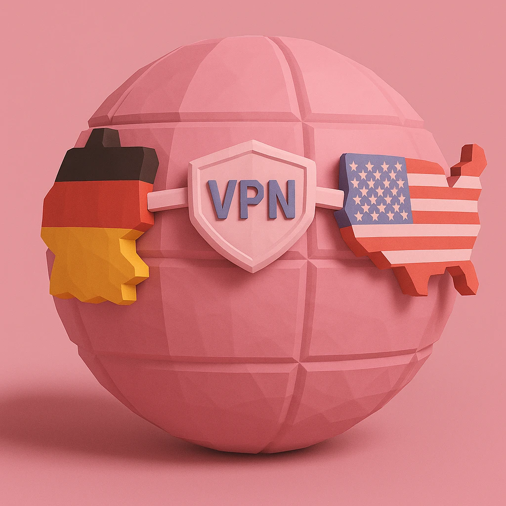 Edit the playful 3D globe with VPN and a connection between Germany and USA to have a pink color scheme with realistic shading and depth, maintaining the playful and 3D low poly style. emoji