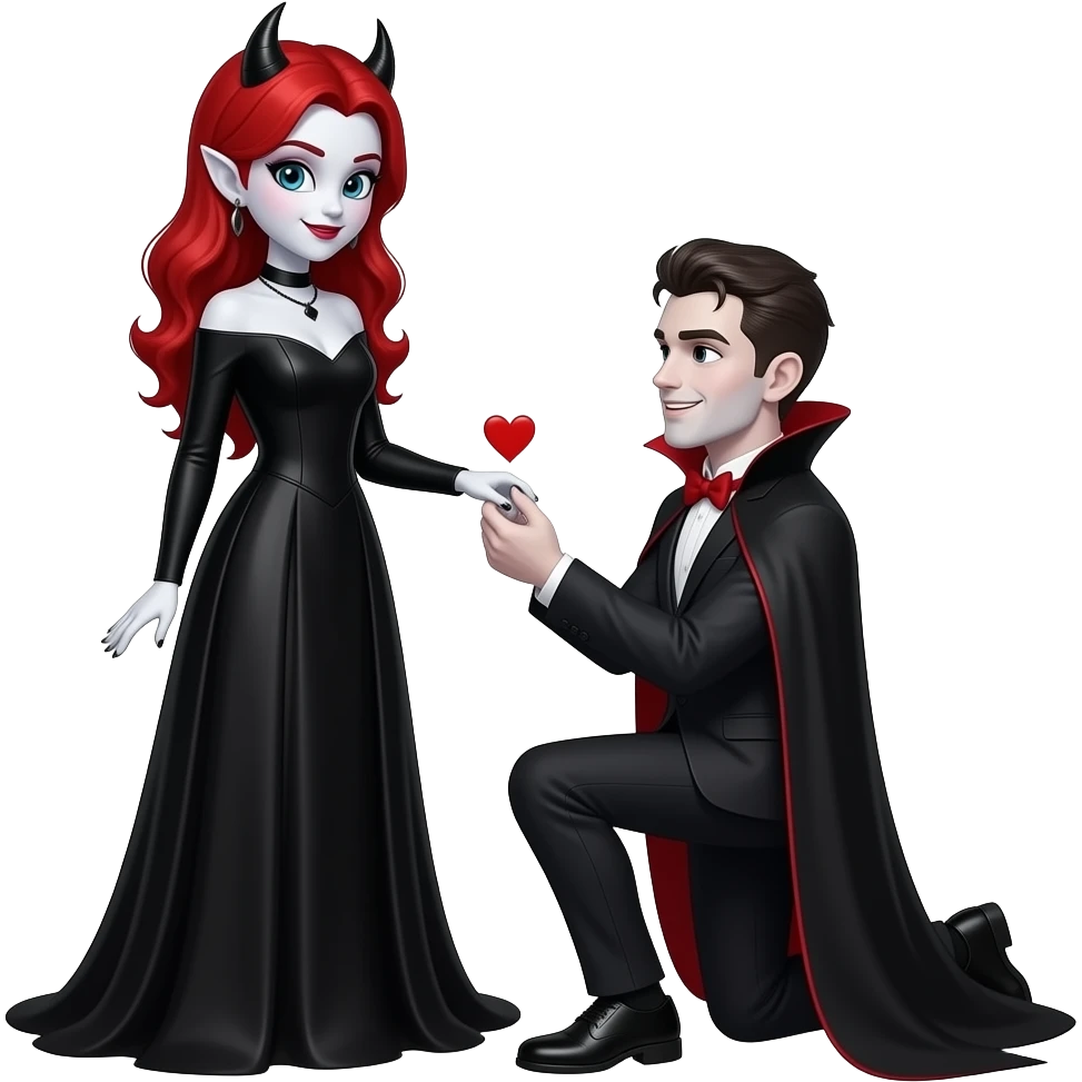 Vampiro femmina adolescente con la pelle bianca e i capelli rossi che indossa un vestito lungo nero e le maniche lunghe e il suo fidanzato vampiro sie è inginocchiato per farle la proposta di matrimonio emoji