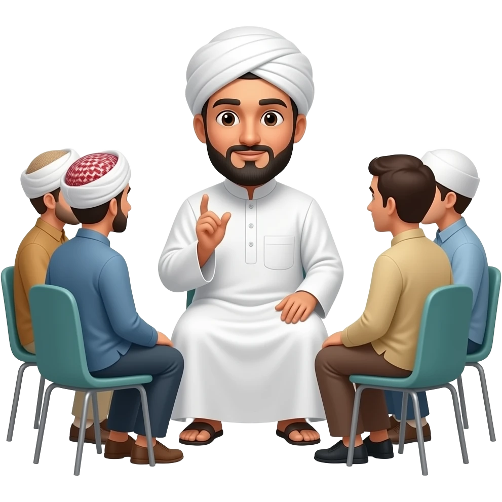 A highly detailed, realistic emoji-style illustration of a traditional Islamic usthad (teacher) wearing a white thobe and neatly wrapped turban, sitting in a small discussion circle with a few people around him. The usthad is calmly answering a question, emoji
