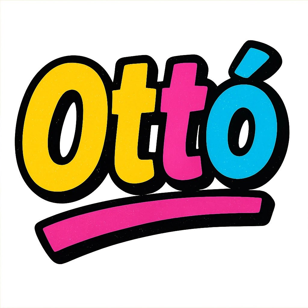 The name 'Ottó' in a modern, colorful gradient font with a dark outline, dynamic, slanted or partial underline, in the style of reference patterns. emoji