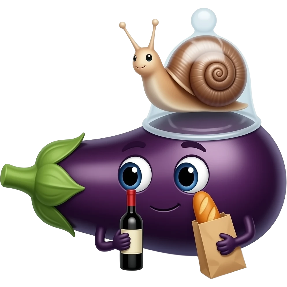Aubergine couchée sur le coté ave un preservatif sur la tete et tenant une petite bouteille de vin dans une main et une baguette dans l'autre. Un bigorneau plus haut que le preservatif emoji