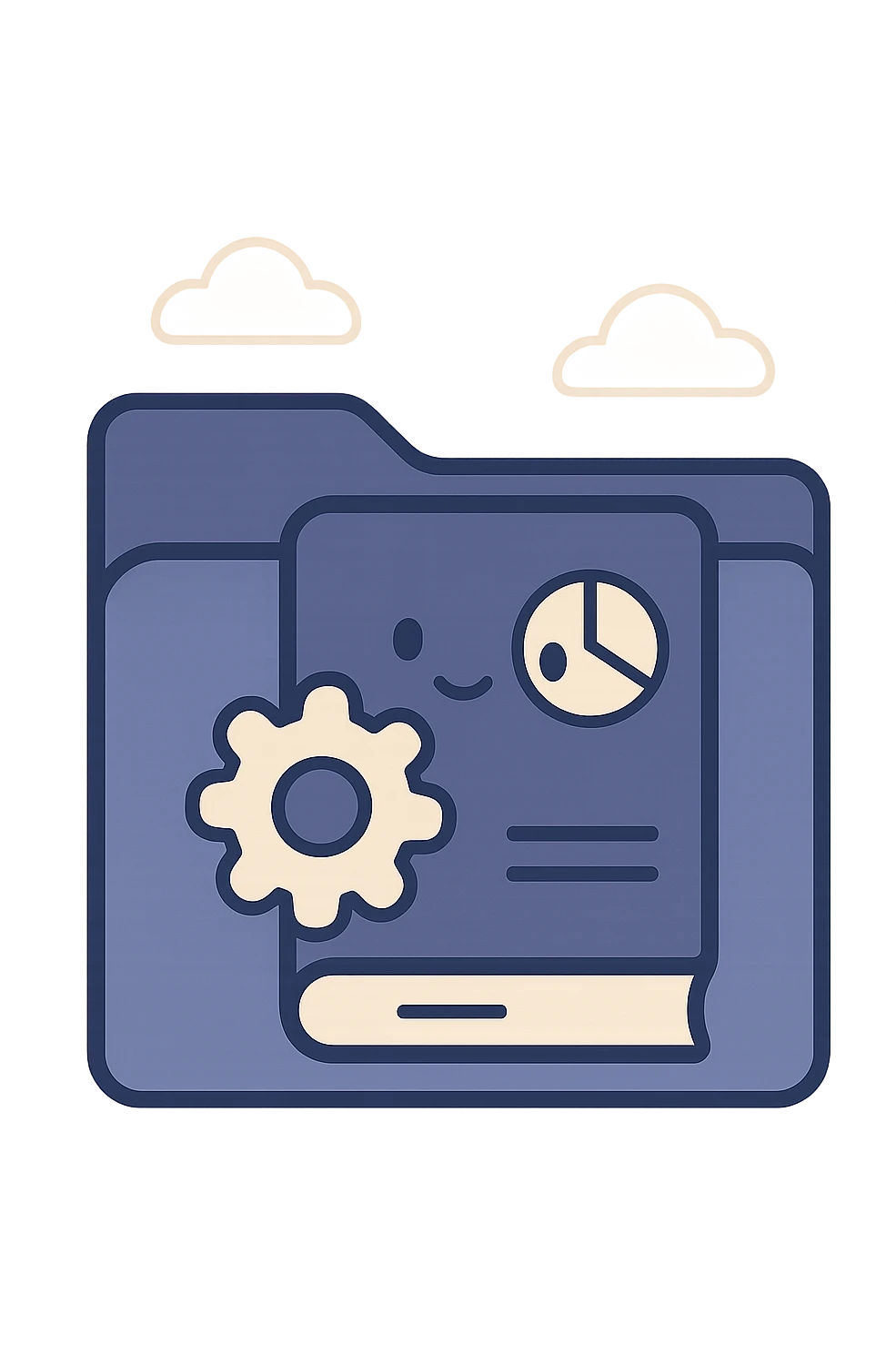 Add the book icon with gear and chart to the front of the blue folder icon, leaving some room around the borders. The book should be centered, clearly visible, and in a flat, modern style with a fully transparent background. Prioritize clarity and recognizability. emoji