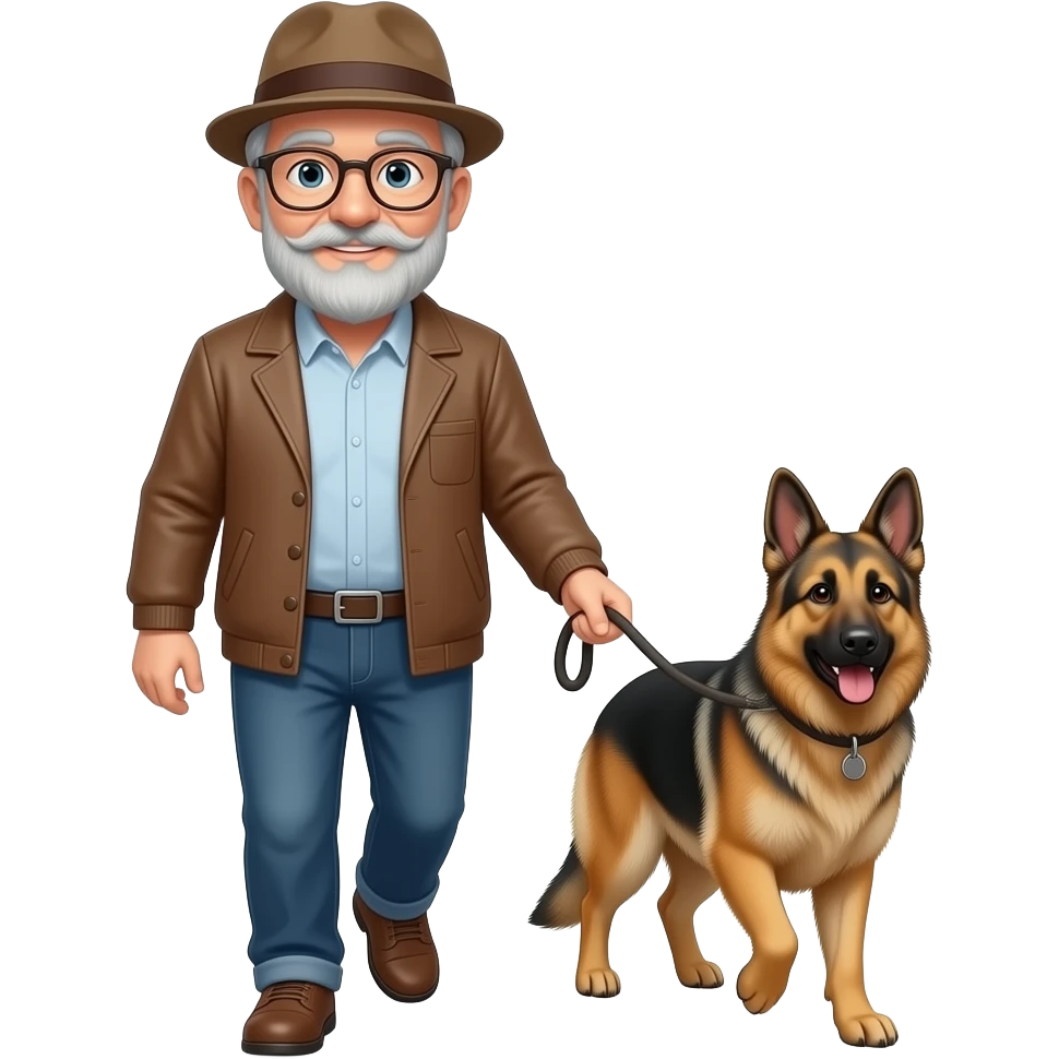 Emoji of an Older  man with  gray hair beard and glasses Man walking shepski dog on a leash emoji emoji
