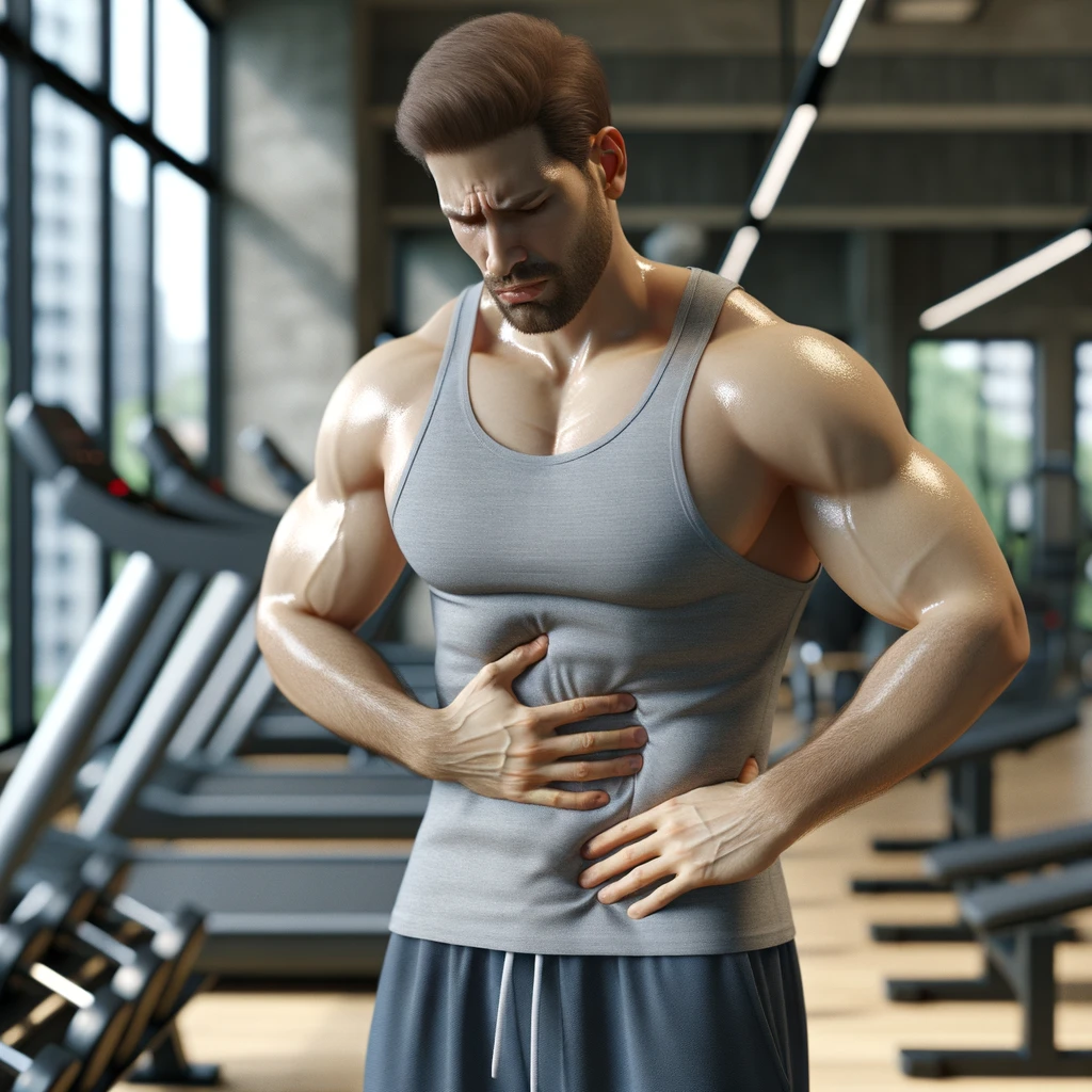 UOMO IN PALESTRA LEGGERMENTE SOVRAPPESO, SI TOCCA LA PANCIA CON ESPRESSIONE DISPIACIUTA IN VOLTO, iperrealistico 4k emoji