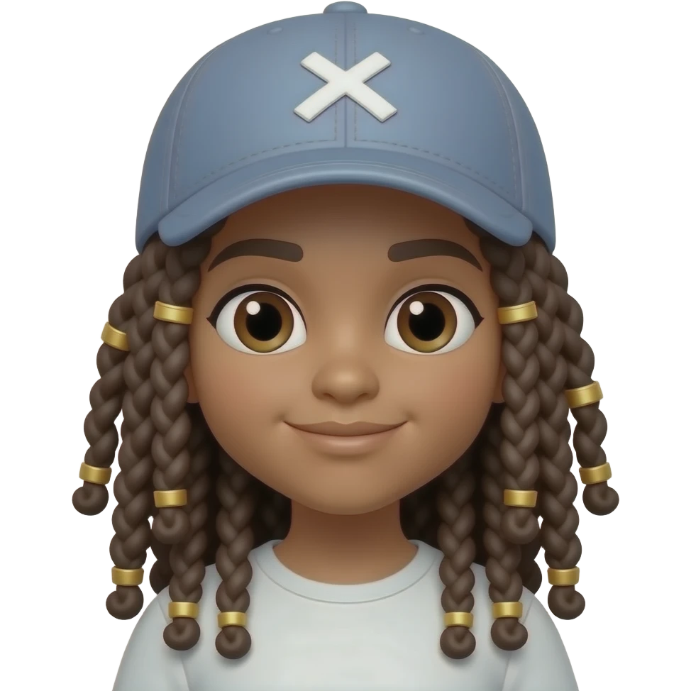 Memoji girl wearing a baseball cap with long dreads with curly ends and gold hair charms emoji