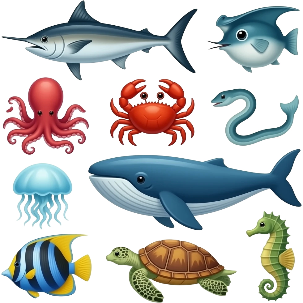 swordfish, stingray, blowfish, octopus, crab, eel, jellyfish, angelfish, whale, sea turtle, and seahorse emoji
