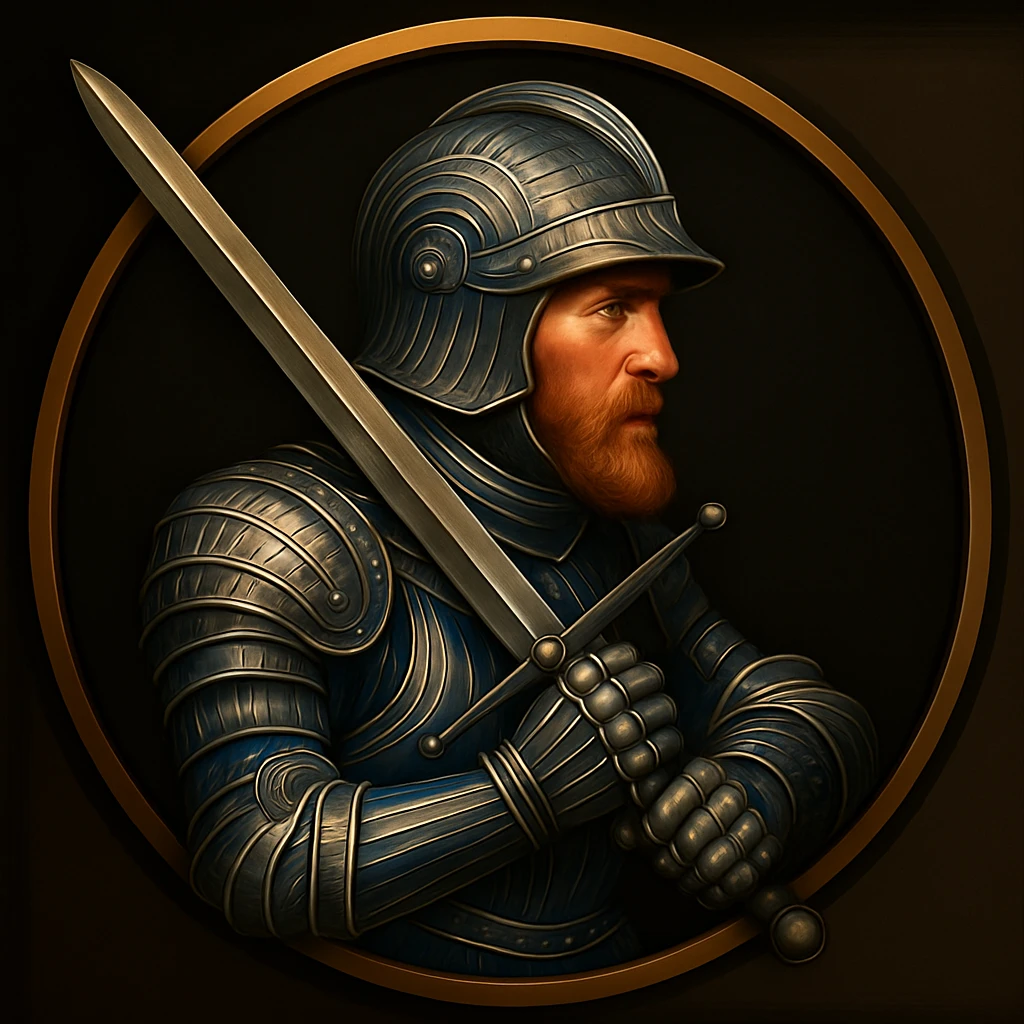 Add a helmet to the landsknecht dopplesoldner, matching the Maximilian German style armour with blue and silver accents emoji