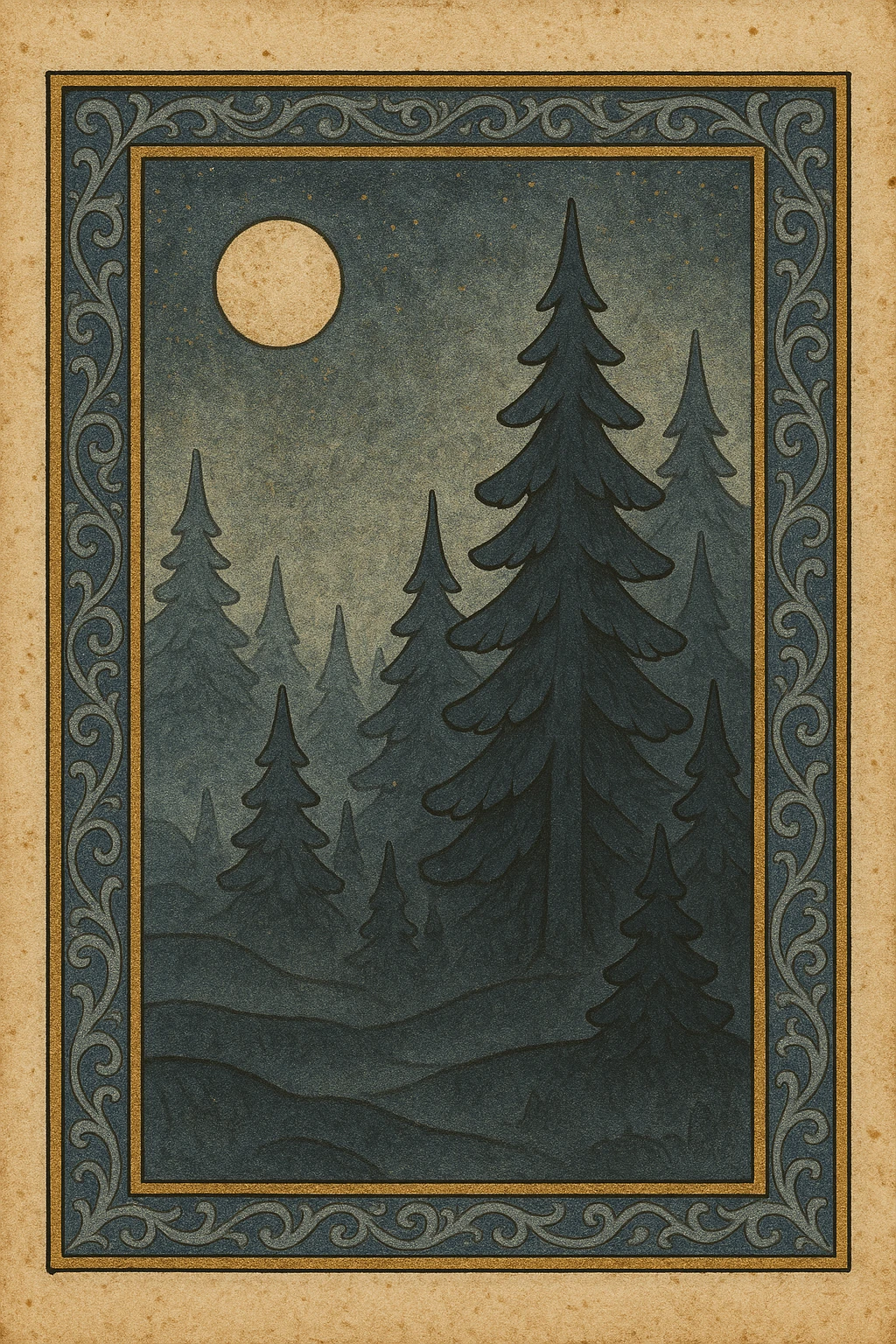 Add an ornate frame and increase the level of detail in the landscape painting, preserving the moonlit forest, mysterious mood, and subtle blue and black tones. Enhance the intricate textures and depth to evoke a medieval art style with rich, atmospheric elements. emoji