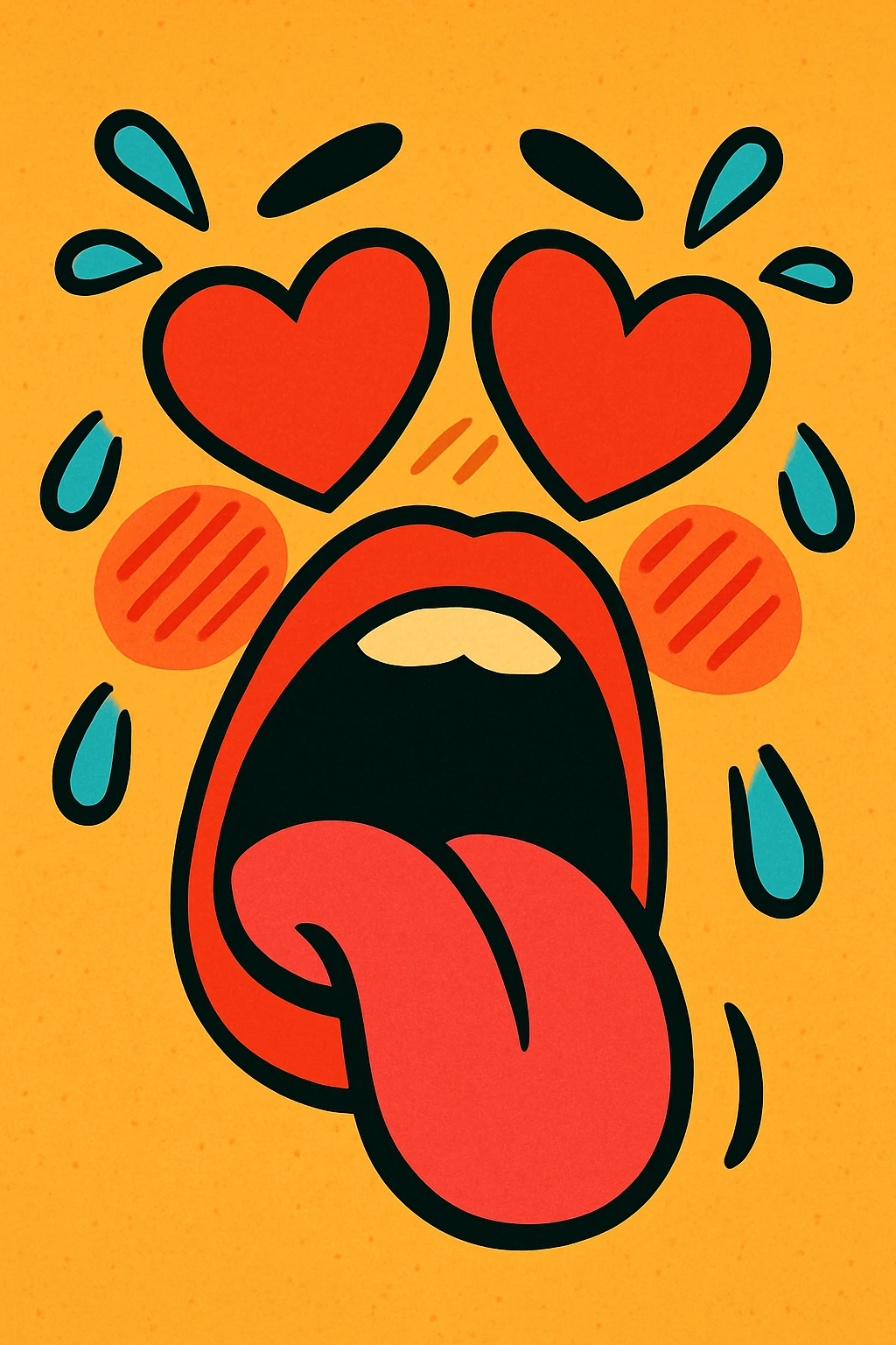 moaning mouth with heart eyes, blushing cheeks, and sweat drops, expressive vibrant toon style emoji