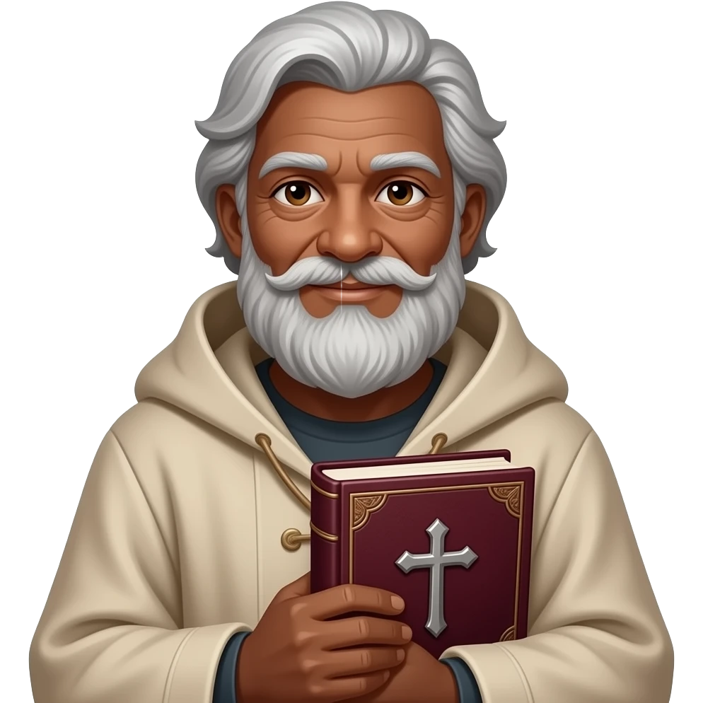 wise old man with grey hair robe slight brown eyes white beard dark brown skin warm holding burgundy book that has a cross on it emoji