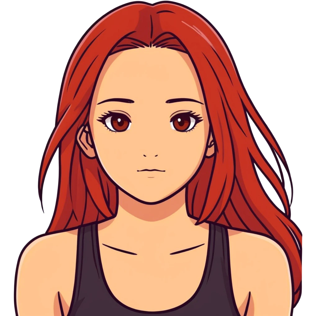 a girl with red long straight hair, brown eyes, long eyelashes, and a black tank top emoji