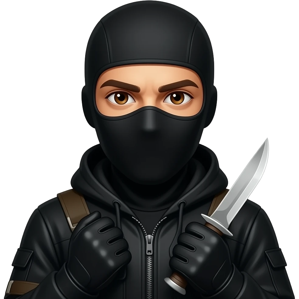 Spanish Man brown eyes wearing all black in balaclava hood and gloves with karambit emoji