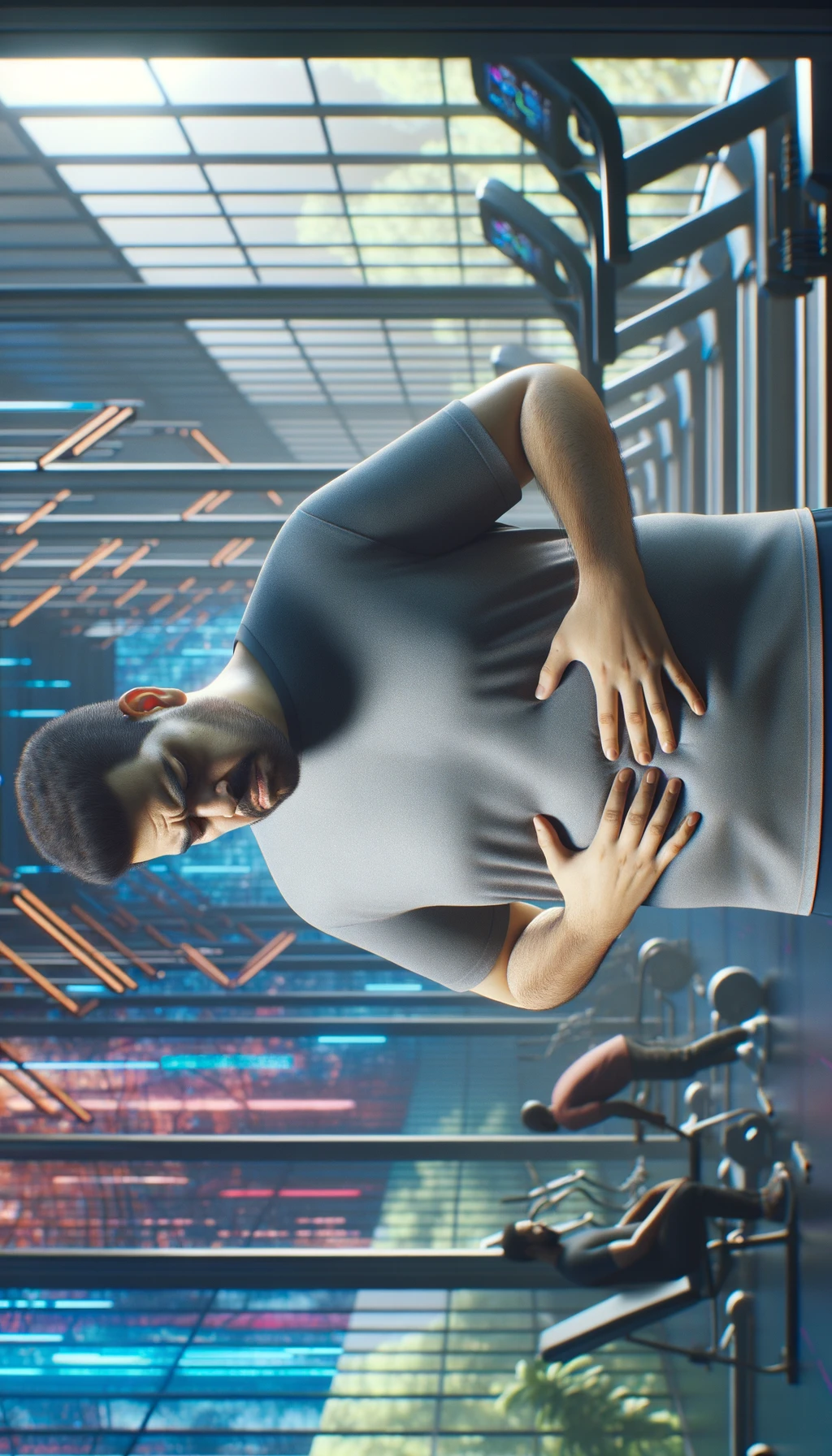 UOMO IN PALESTRA LEGGERMENTE SOVRAPPESO, SI TOCCA LA PANCIA CON ESPRESSIONE DISPIACIUTA IN VOLTO, iperrealistico 4k emoji