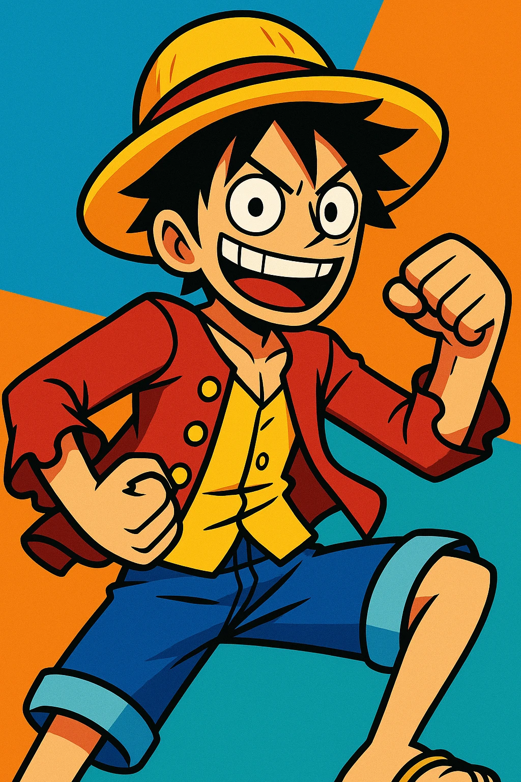 Monkey D. Luffy, vibrant toon style, dynamic pose, straw hat, grinning emoji