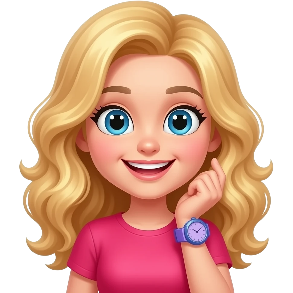 blonde hair slight wavy, slight rabbit front teeth, big eyes, happy colorful (pink/red) with colorful watch (hologram like purple-blue) emoji