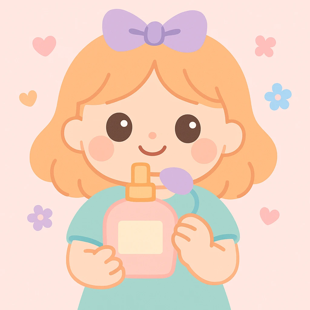 a cute girl holding a perfume bottle, surrounded by floating hearts and flowers, in a sweet and charming style emoji