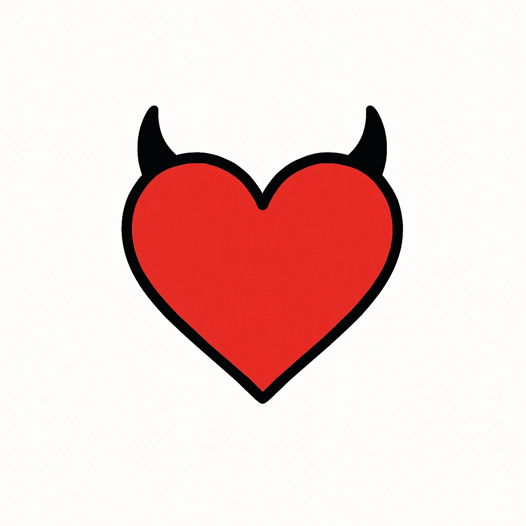 Minimalist devil heart icon: a simple red heart with tiny black horns, no tail, on a white background. Clean and minimal style. emoji