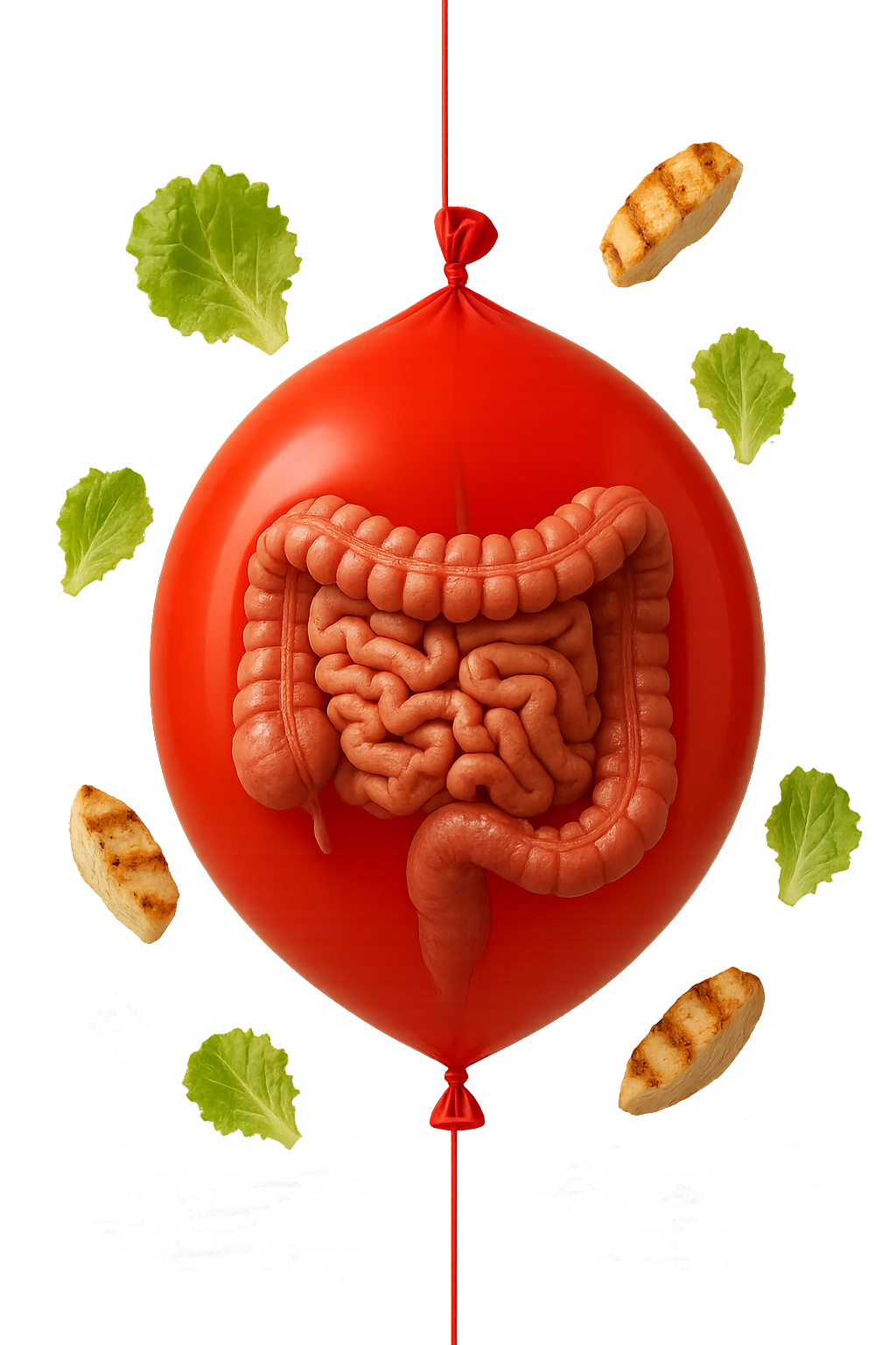intestino anatomico realistico chiuso in un palloncino rosso e foglie di insalata e petto di pollo grigliato che fluttuano intorno emoji