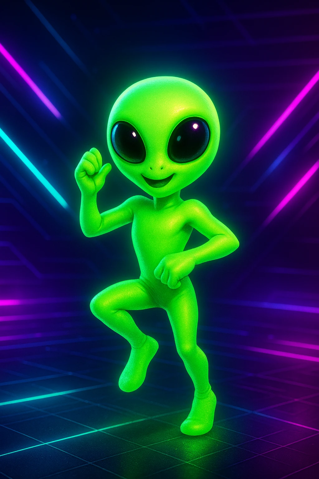 An alien dancing in neon green with large eyes, in a futuristic style and a different pose. Emphasize the large eyes and futuristic neon green look. emoji