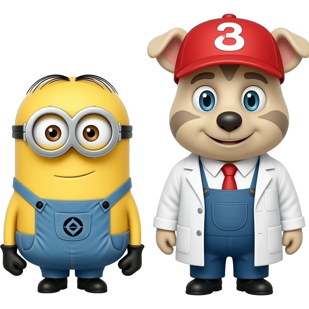 Bob the minion from despicable me in lab coat and attire with friend Stuart emoji