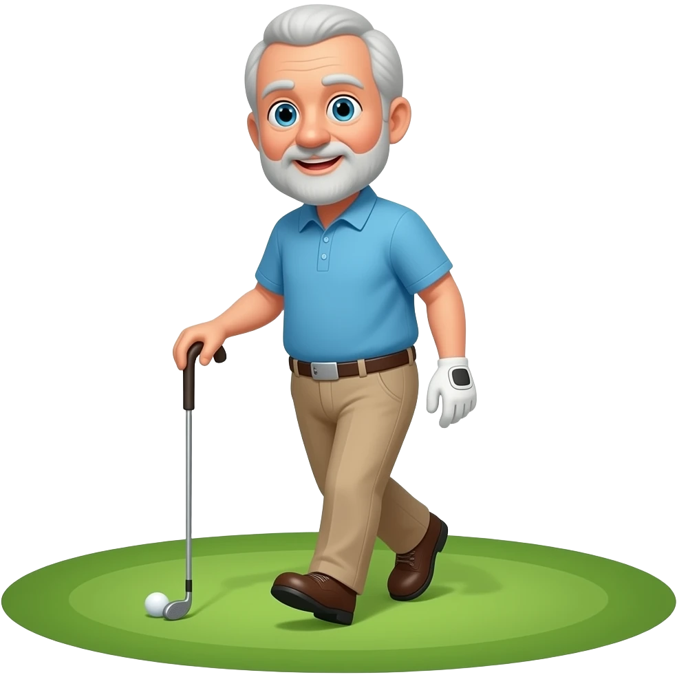 Bald old man with a beard walking the golf course with a cane and golf club emoji