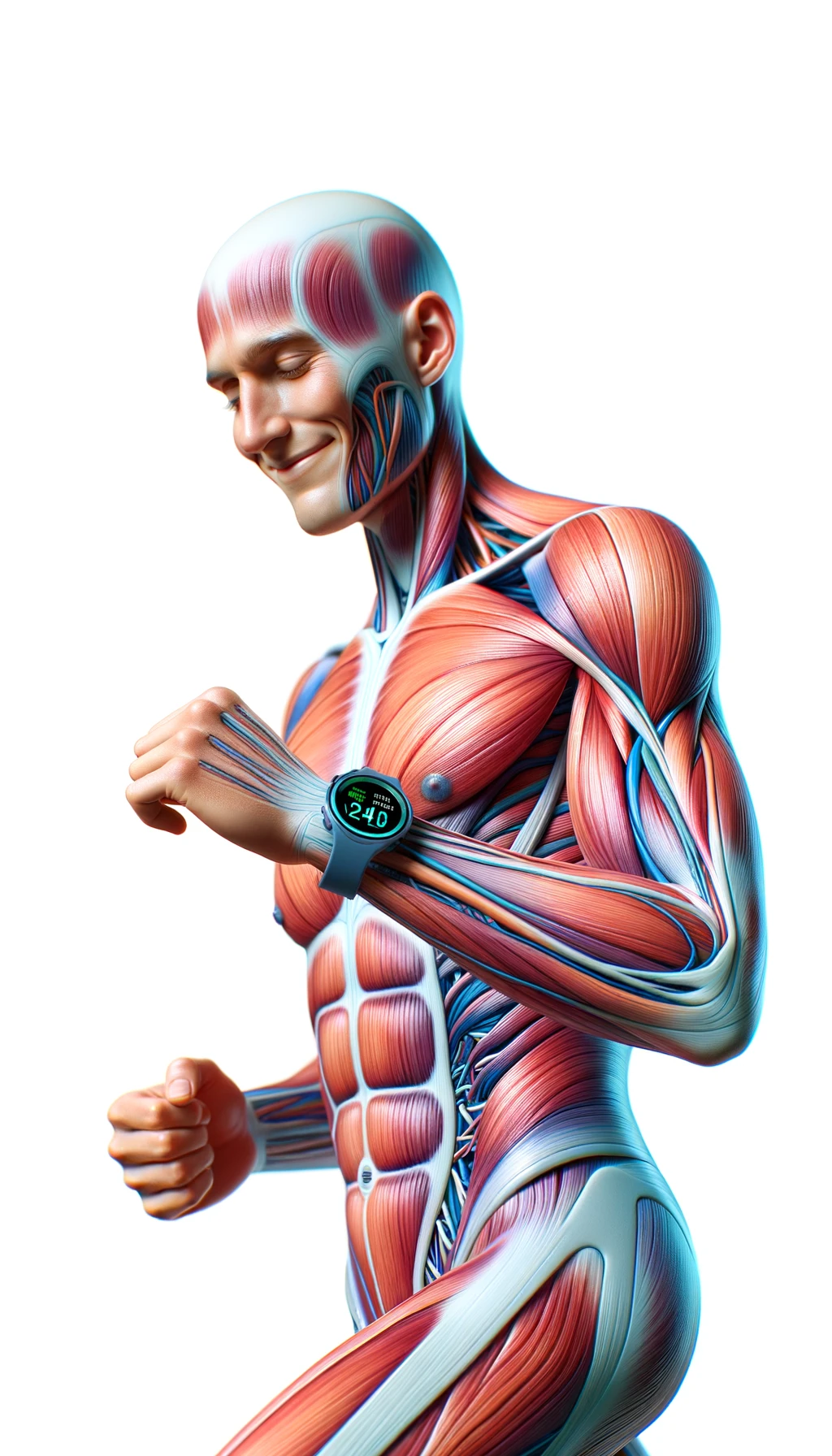 corpo umano anatomico sereno e felice che cammina mentre osserva il suo orologio contapassi, colori realistici del corpo, espressione soddisfatta, iperrealistica 4k, isolato su sfondo bianco emoji