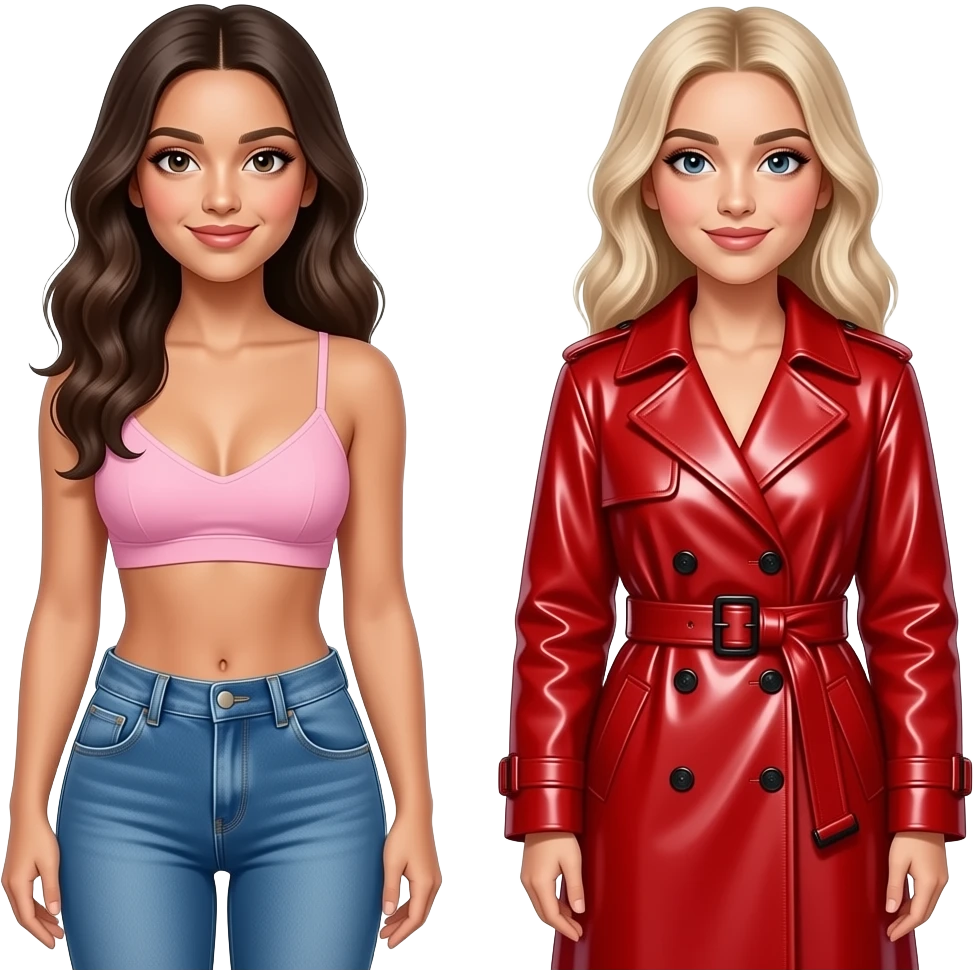 Olivia Rodrigo and Addison Rae. Olivia wears a pale pink bralette paired with low-rise blue denim jeans. Addison Rae wears vibrant red latex or patent leather trench coat, featuring a wide belt and structured cuffs emoji