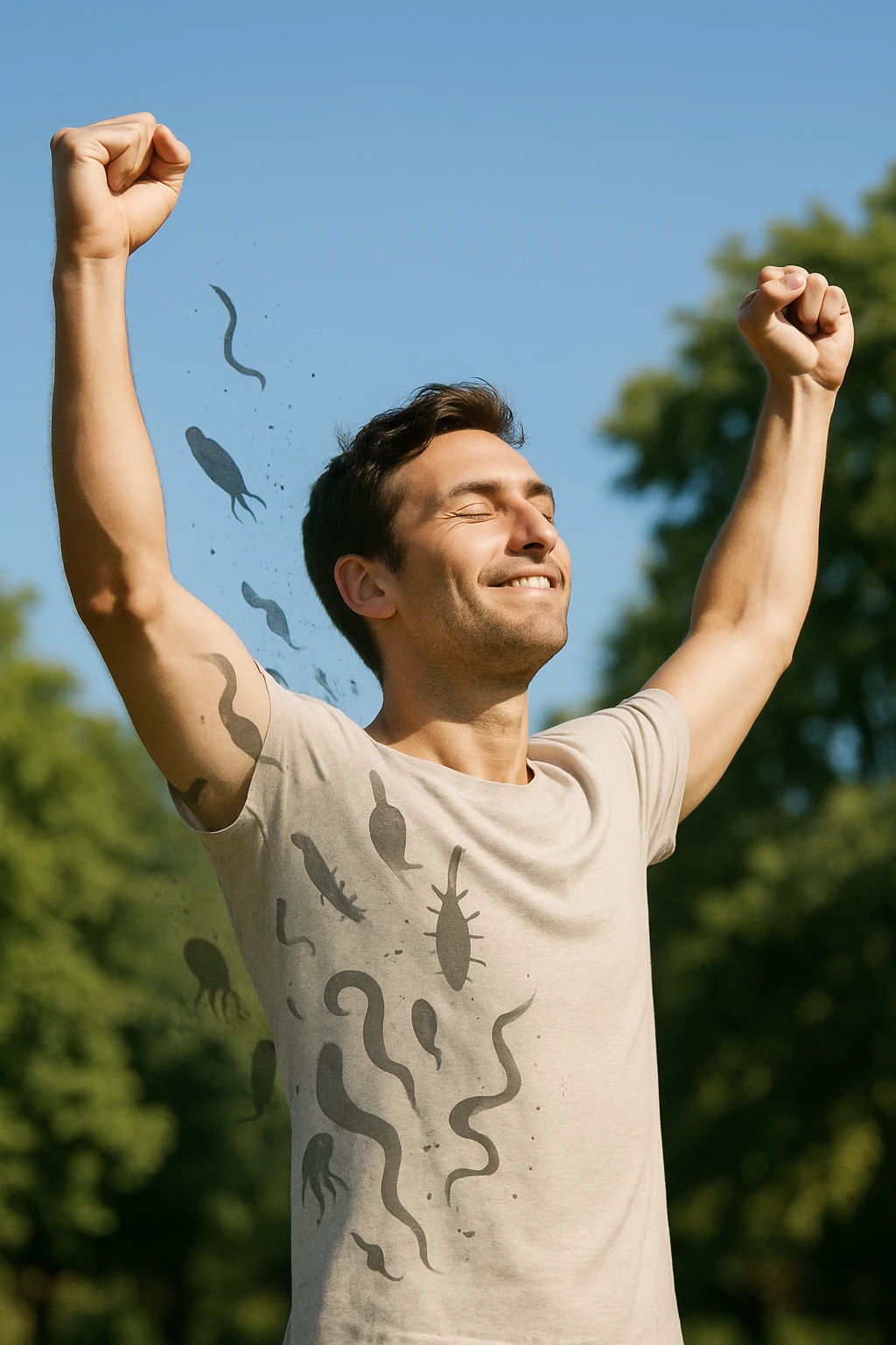a man stands outdoors in bright sunlight, arms raised in relief and joy, while faint, shadowy silhouettes of parasites fall away from his body and dissolve into the air. His posture is upright and energetic, his expression serene and healthy. The background features green trees and a clear sky, emphasizing liberation and restored well-being. emoji
