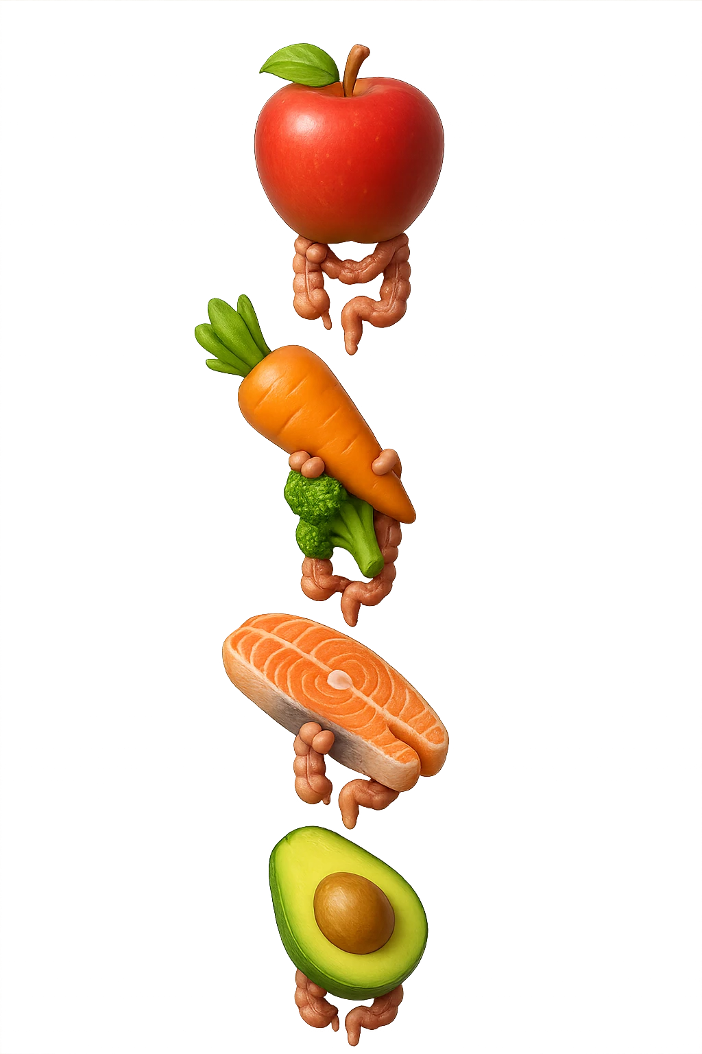 cibo sano fluttua in aria verticalmente stringendo piccoli colon umani, stile emoji iphone, iperrealistico 4k emoji