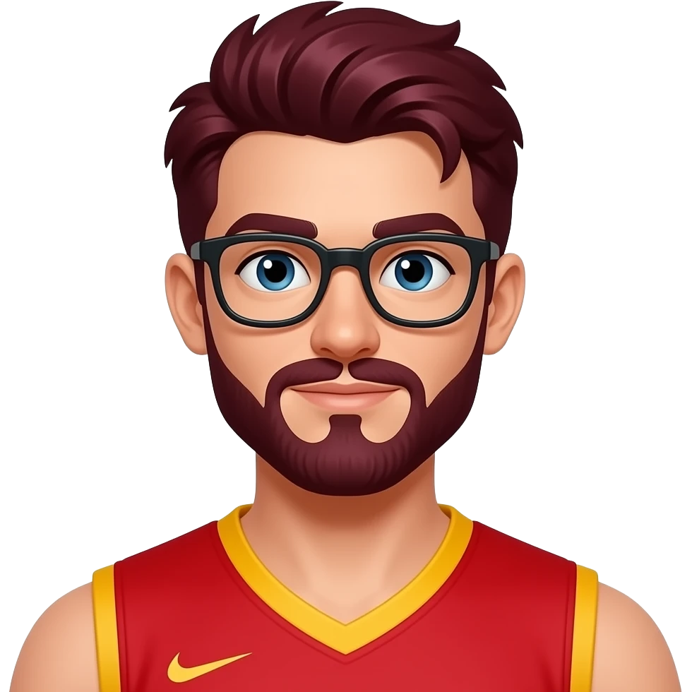 a young man athlete  with mehroon hairs and mostache wear glasses his uniform color in vibrant red and yellow emoji